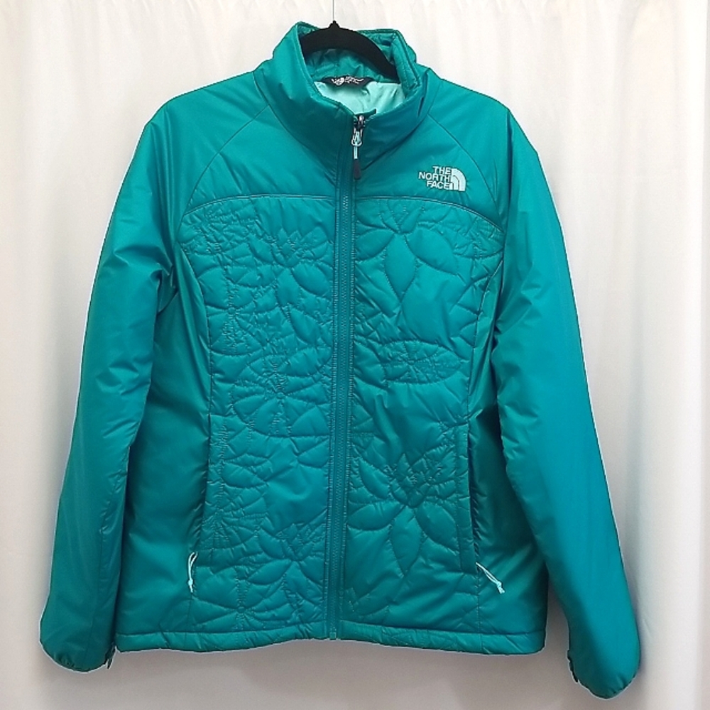 The North Face Teal Quilted Puffer Jacket Light Blue Embroidered Logo Women's LG